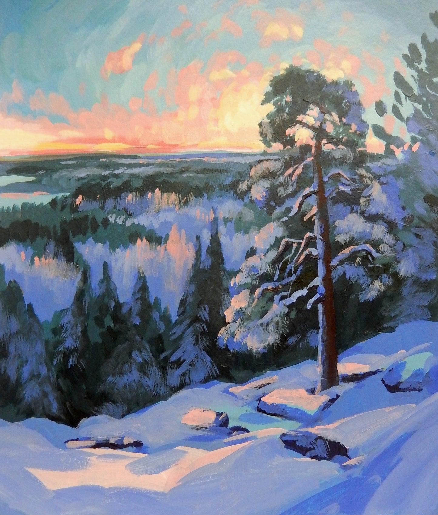 Sunset over Siberian Taiga Forest