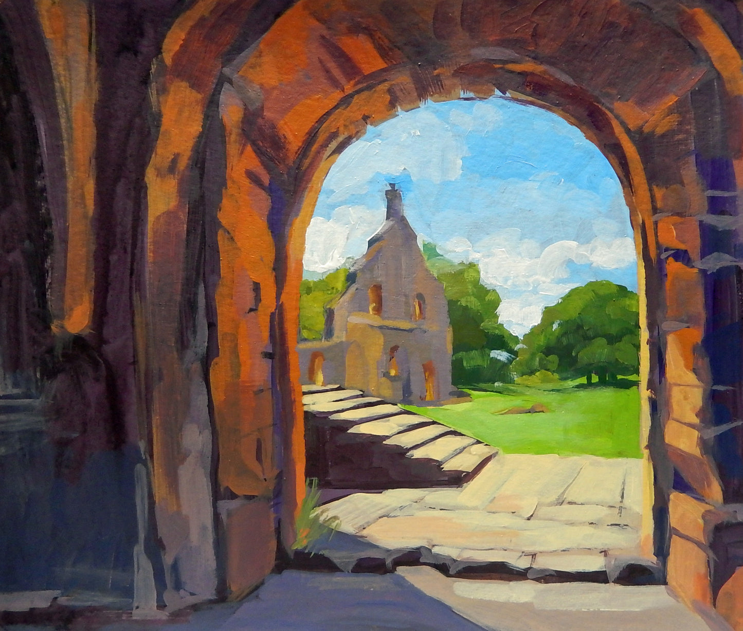 Guest Houses view from the Cellarium, Fountains Abbey, acrylic